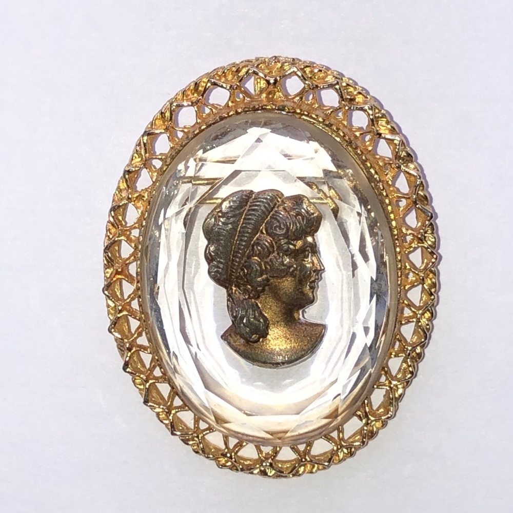 Cameo Intaglio Gold Tone Glass Approximately 2”